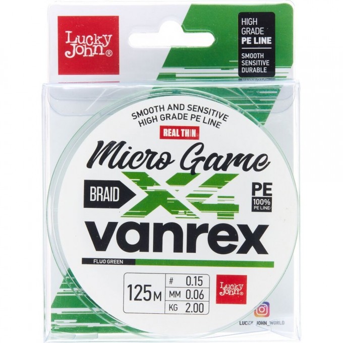 Плетеный шнур LUCKY JOHN VANREX MICRO GAME Х4 BRAID FLUO GREEN 125 м - 0,06 мм LJ4115-006